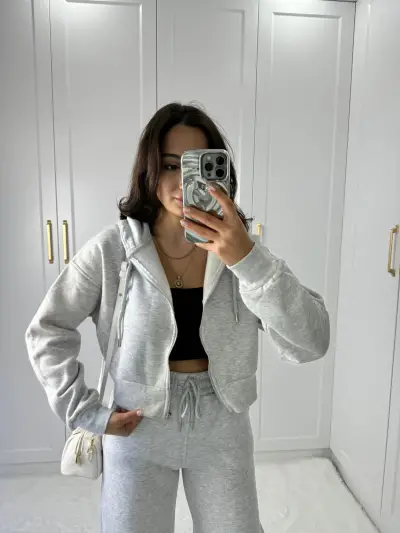 CROP FERMUARLI SWEATSHIRT GRİ RENK