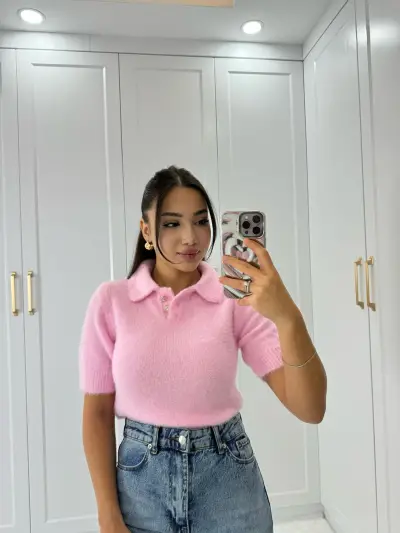 PELUŞ CROP KAZAK PEMBE RENK